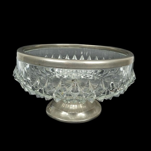 Vintage Cut Glass Footed Fruit Compote Bowl Silver Tone Rim Band Base MCM - Picture 1 of 11